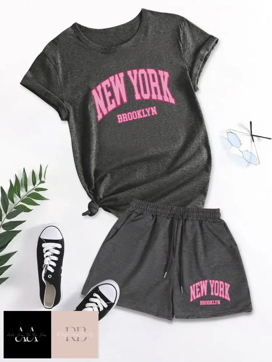 New York Short Sleeved T-Shirt And Shorts - Dark Grey With Pink Text