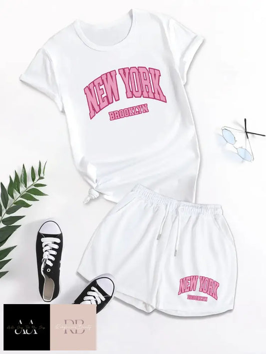 New York Short Sleeved T-Shirt And Shorts - White With Pink Text