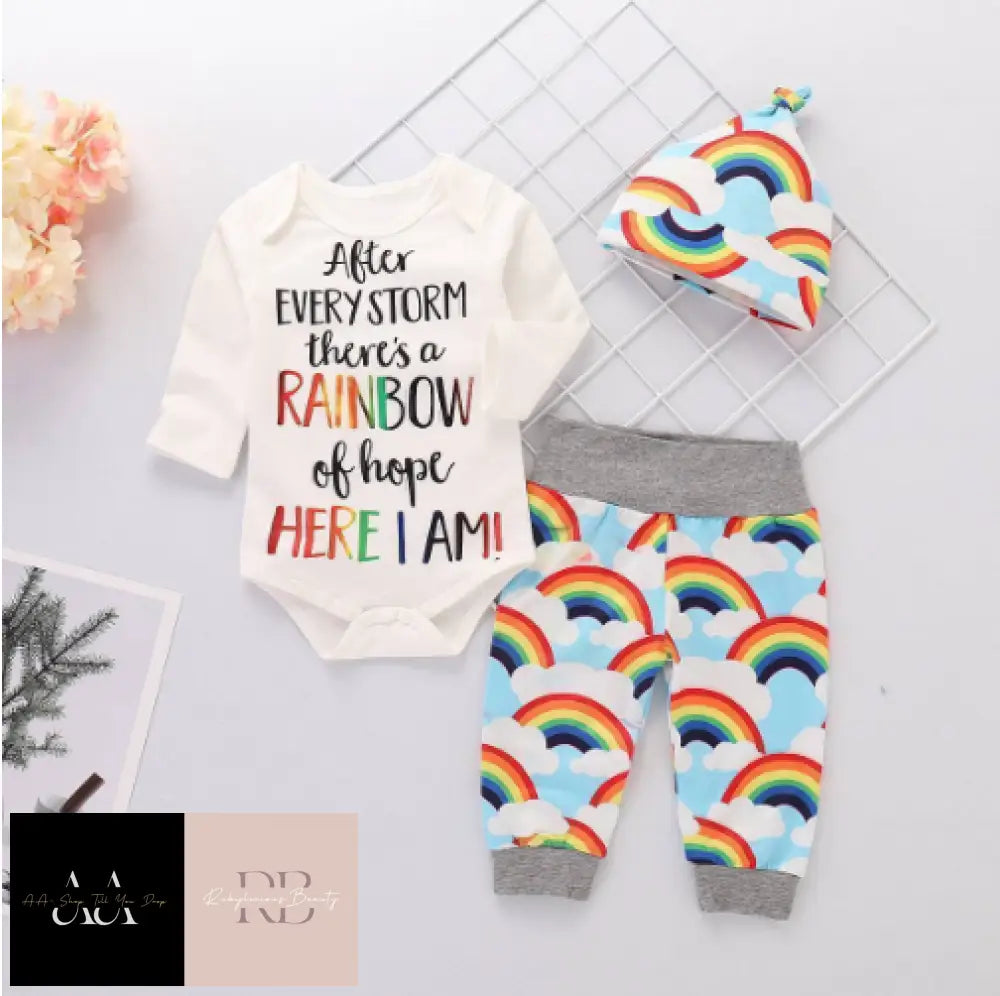 Newborn Baby Boys Girls Rainbow Romper Tops+Pants Hat Outfits Clothes Set 3Pcs