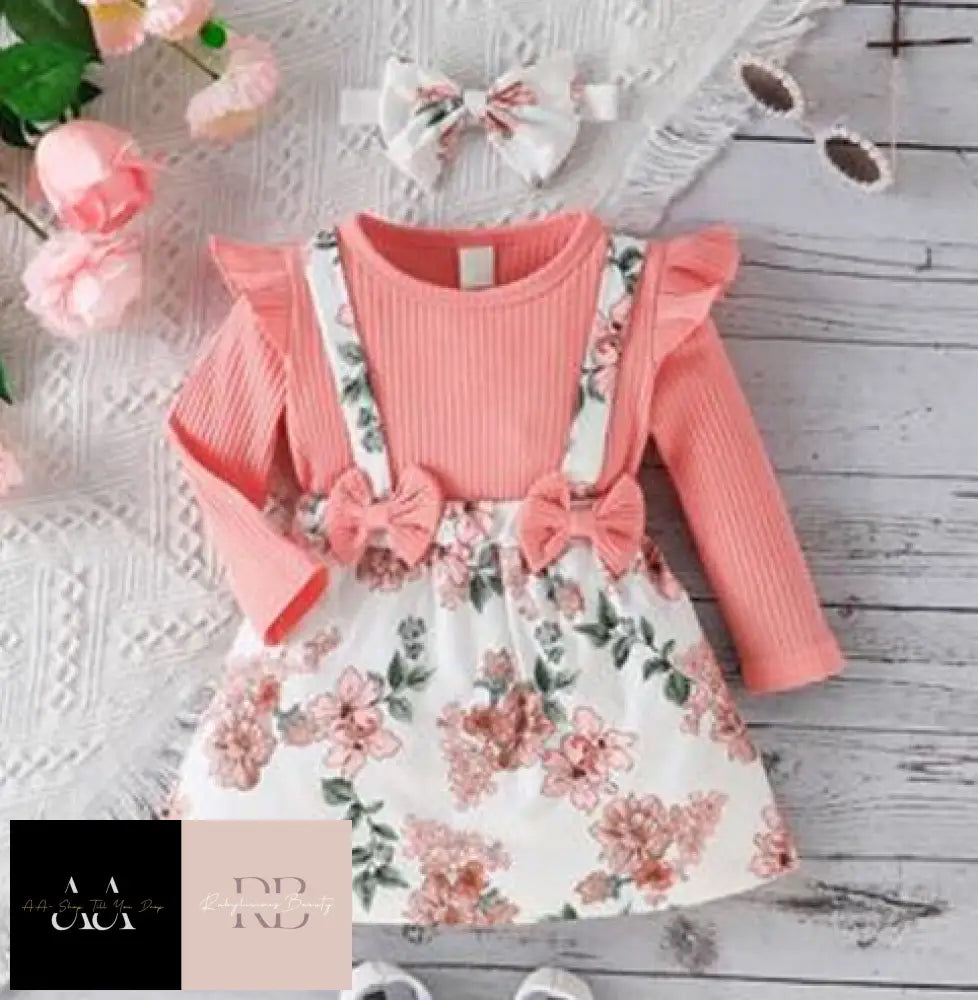 Newborn Baby Girl Ribbed Ruffled Floral Dress Skirt Infant Headband Outfit Set