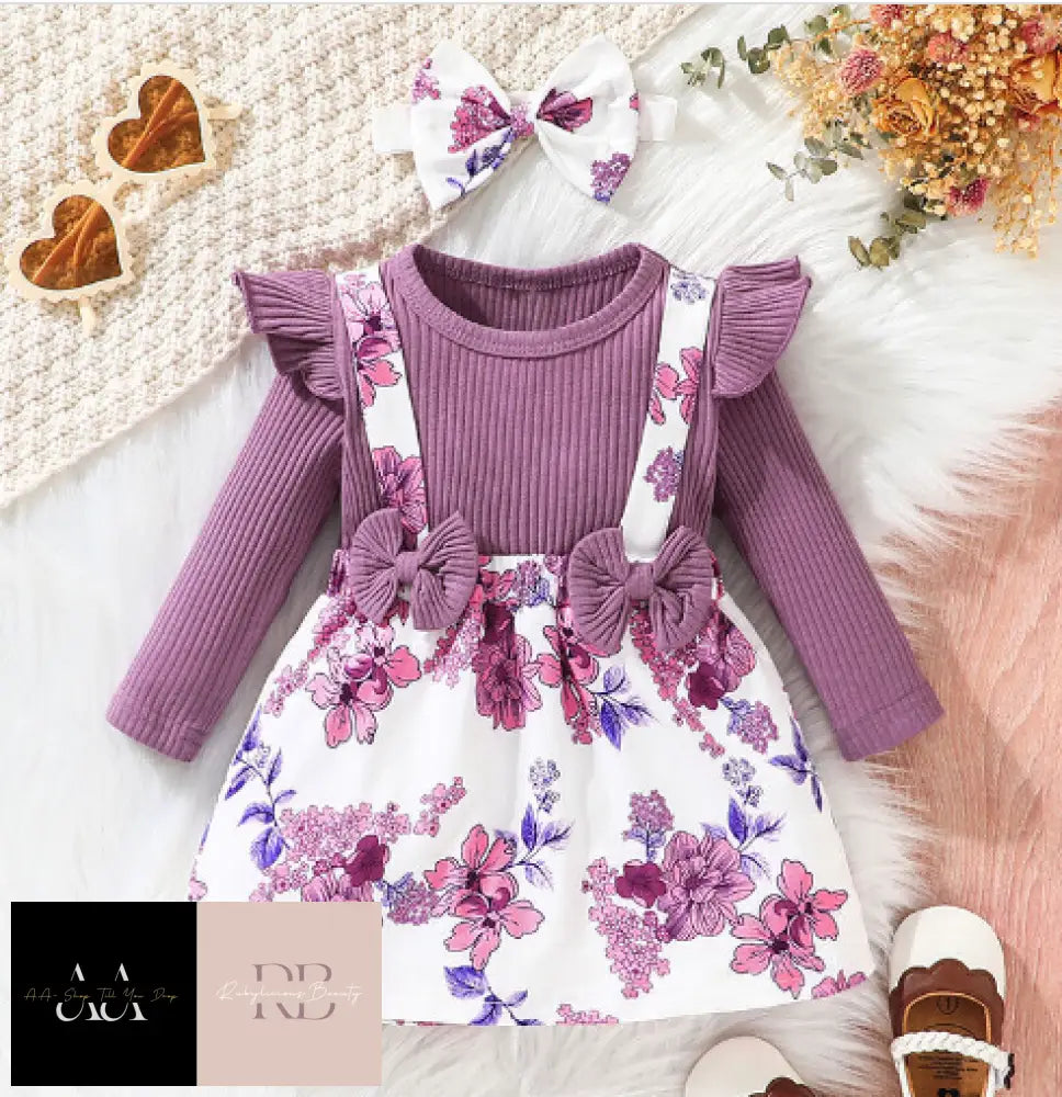 Newborn Baby Girl Ribbed Ruffled Floral Dress Skirt Infant Headband Outfit Set