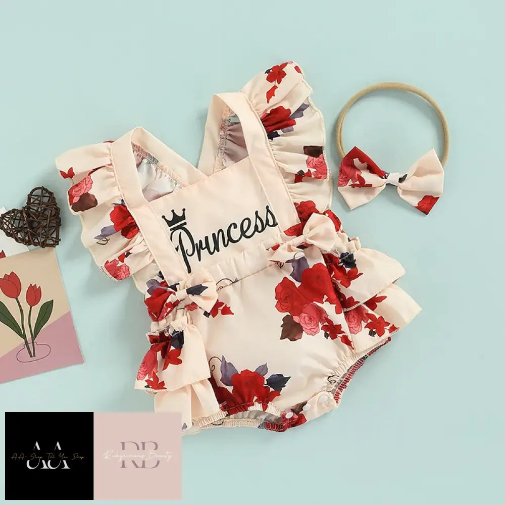 Newborn Baby Girls Summer Tutu Rompers Princess Flying Sleeve Letter Rose Print Playsuit With Bow