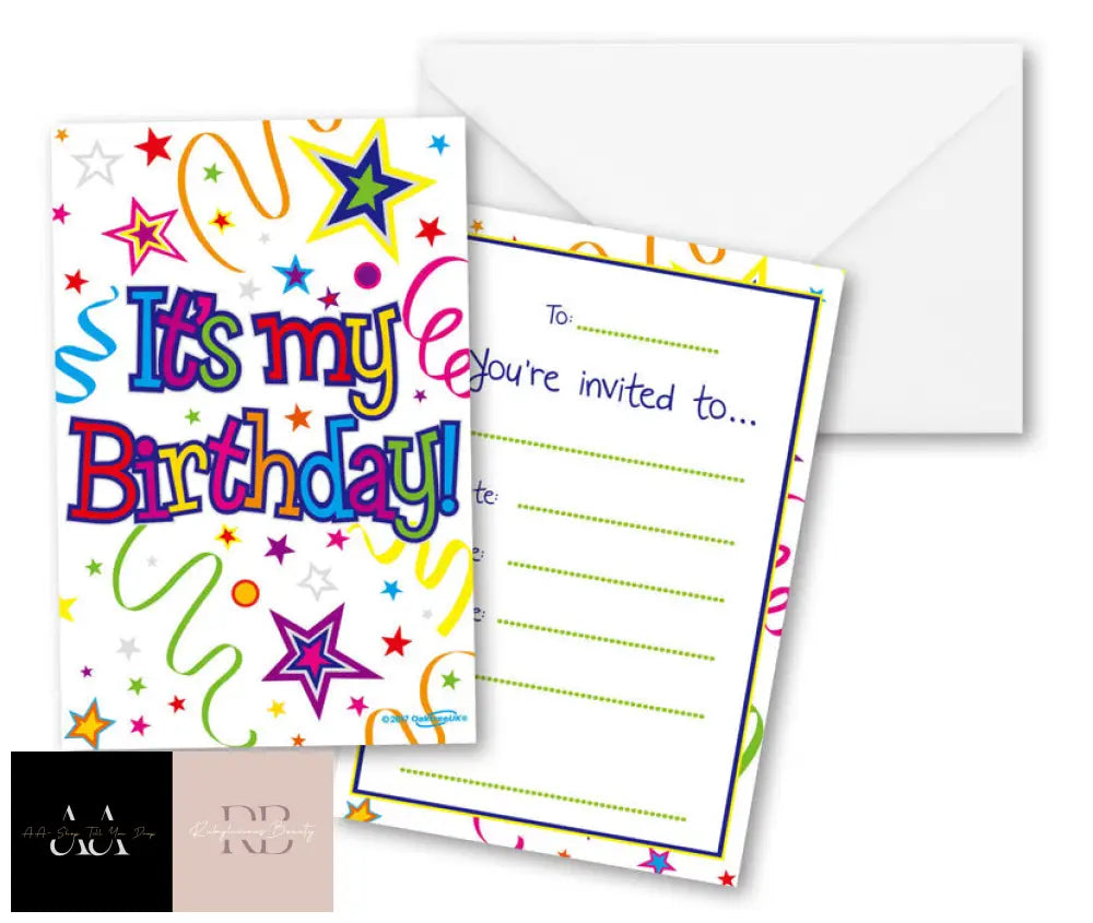 Pack Of 8 Its My Birthday Ribbons & Stars Party Invites