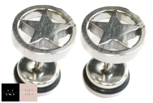 Pair Mens Star Surgical Stainless Steel Stretcher Stud Earrings