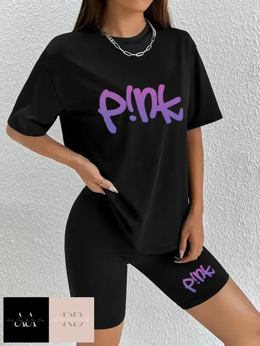 Pink - Casual Short-Sleeved T-Shirt And Skinny Shorts Set Black