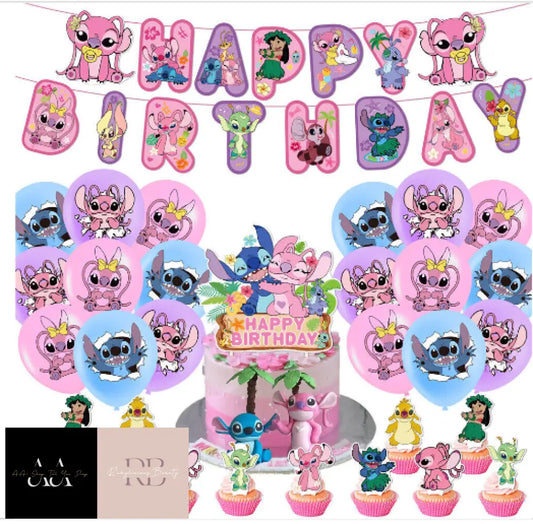 Pink Lilo & Stitch Theme Kid Birthday Party Balloons Banner Cake Toppers Set