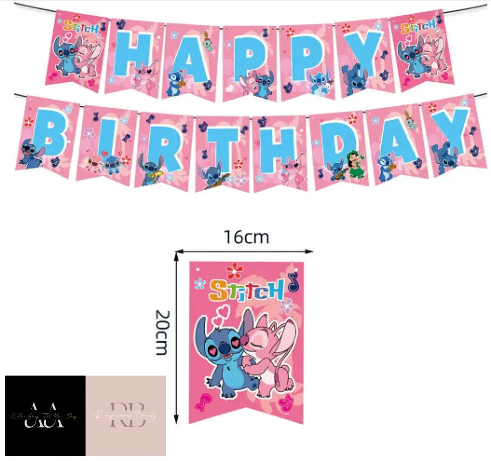 Pink Stitch Tableware Birthday Party Decors Tablecloth Knife Fork Dish Banners