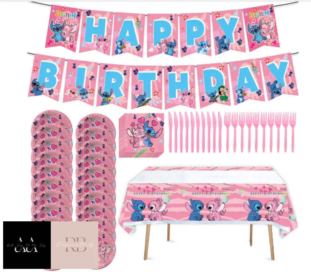 Pink Stitch Tableware Birthday Party Decors Tablecloth Knife Fork Dish Banners