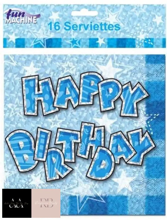 Pk 16 Serviettes Blue Happy Birthday