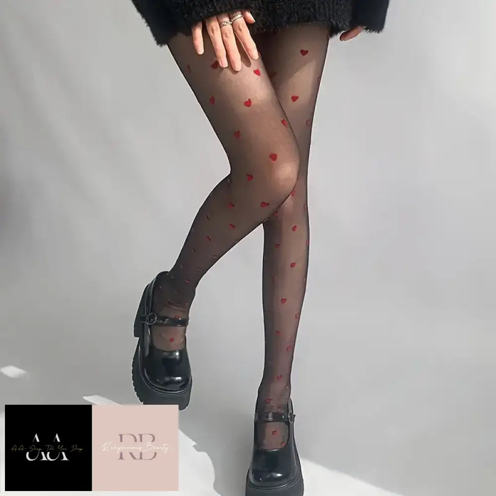 Red Heart Pattern High Waist - Pantyhose Black One-Size