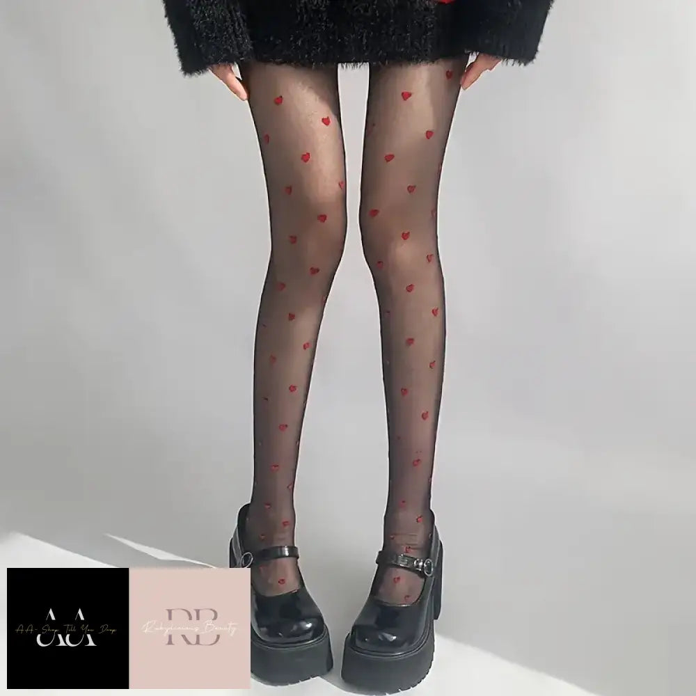 Red Heart Pattern High Waist - Pantyhose Black One-Size