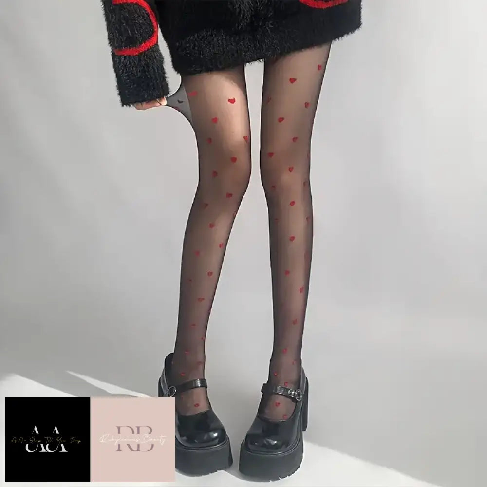 Red Heart Pattern High Waist - Pantyhose Black One-Size