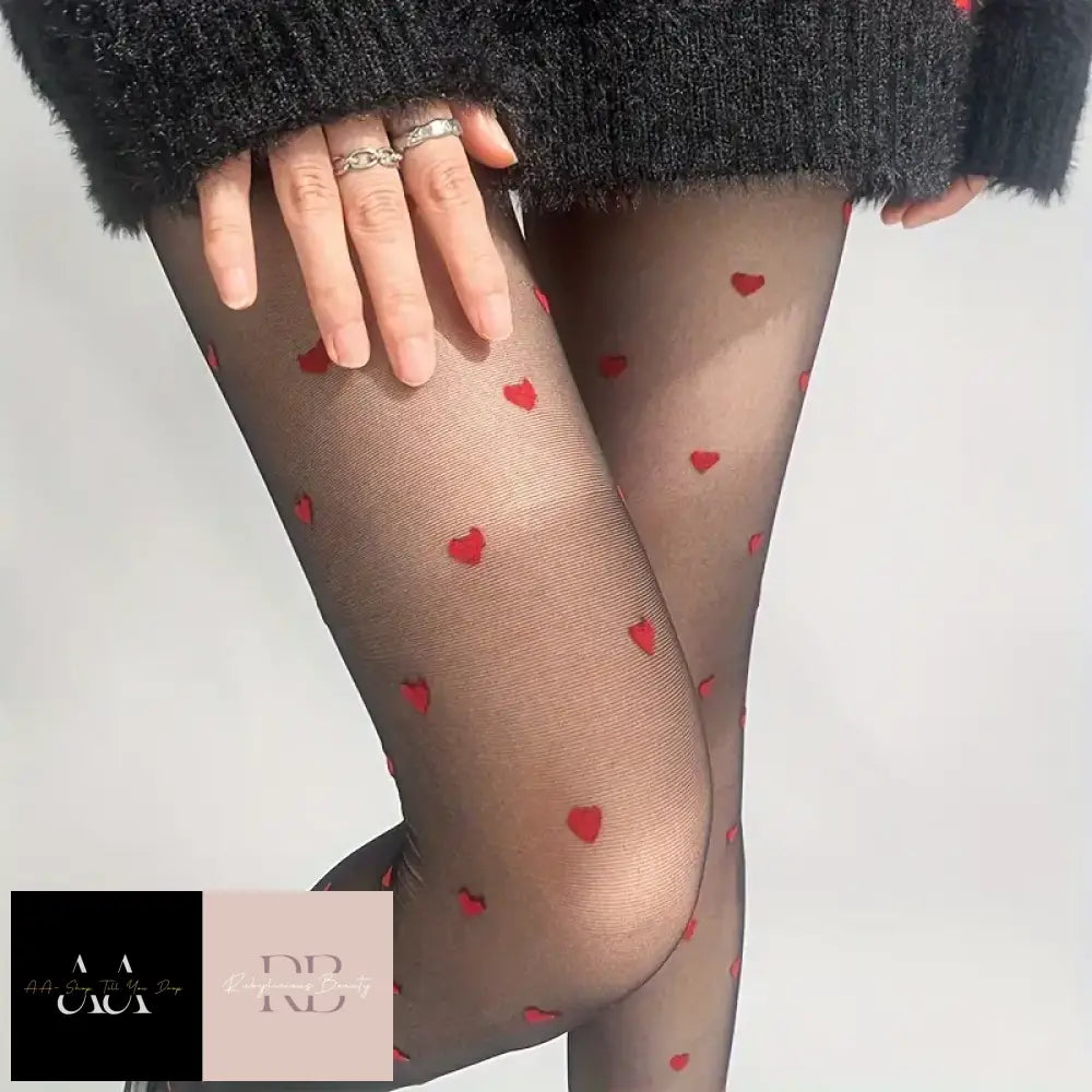 Red Heart Pattern High Waist - Pantyhose Black One-Size