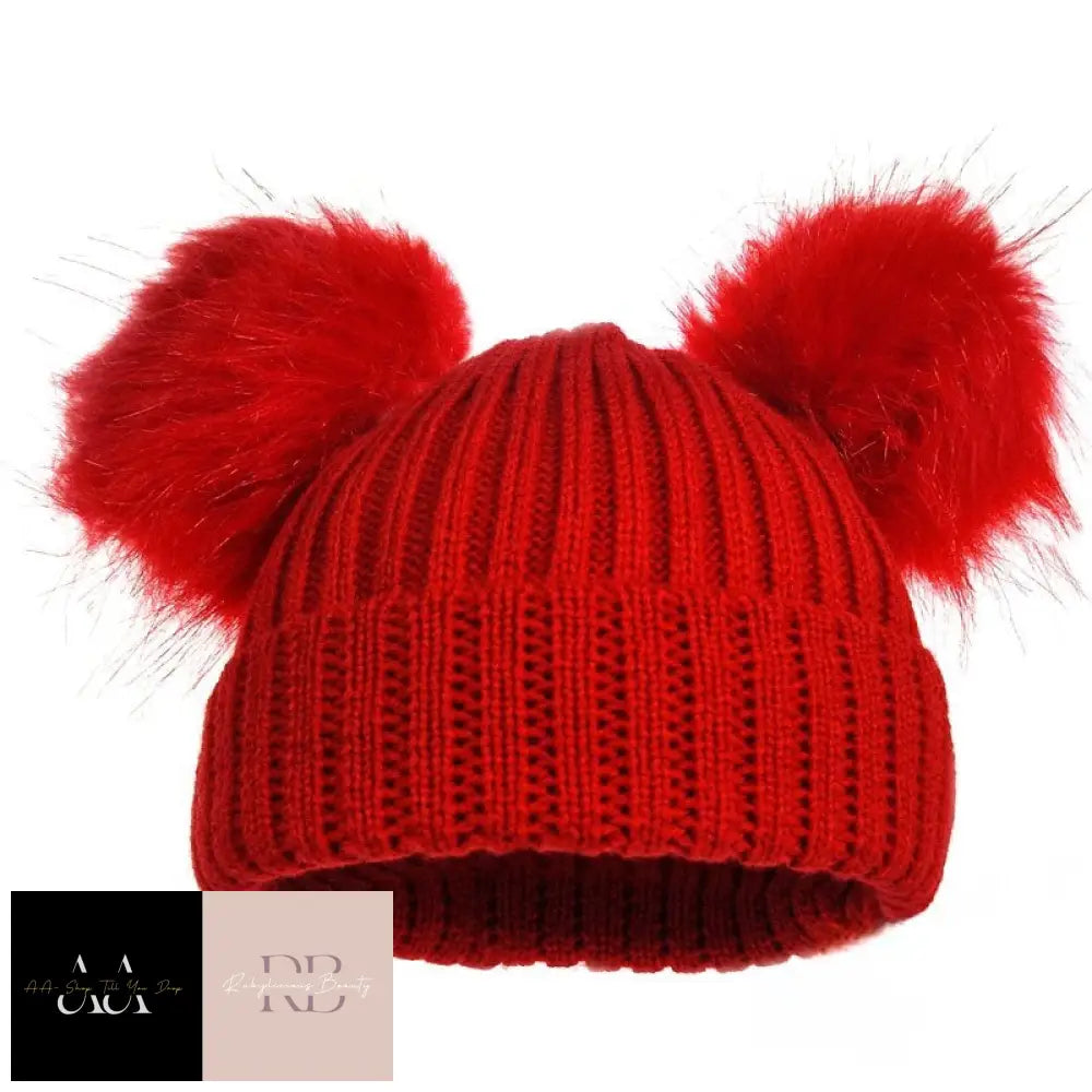 Red Ribbed Hat W/Pom Poms (0-12M)