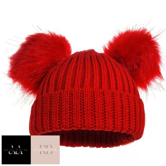 Red Ribbed Hat W/Pom Poms (0-12M)