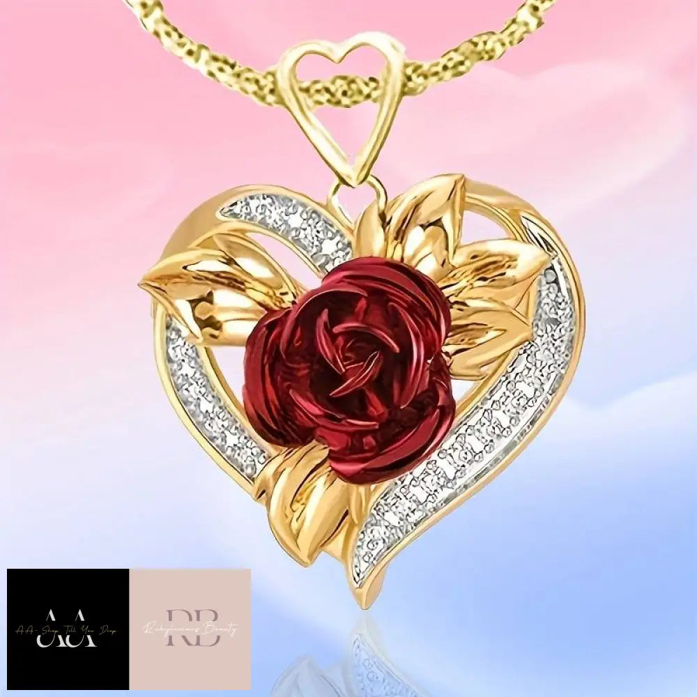 Red Rose Heart-Shaped Pendant Necklace