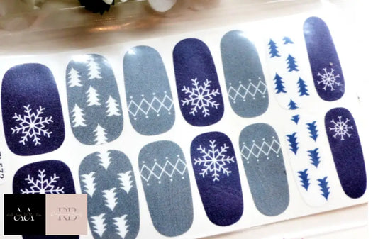 Self Adhesive Full Nail Polish Wrap Sticker Blue Grey Xmas Trees Snowflake X572X