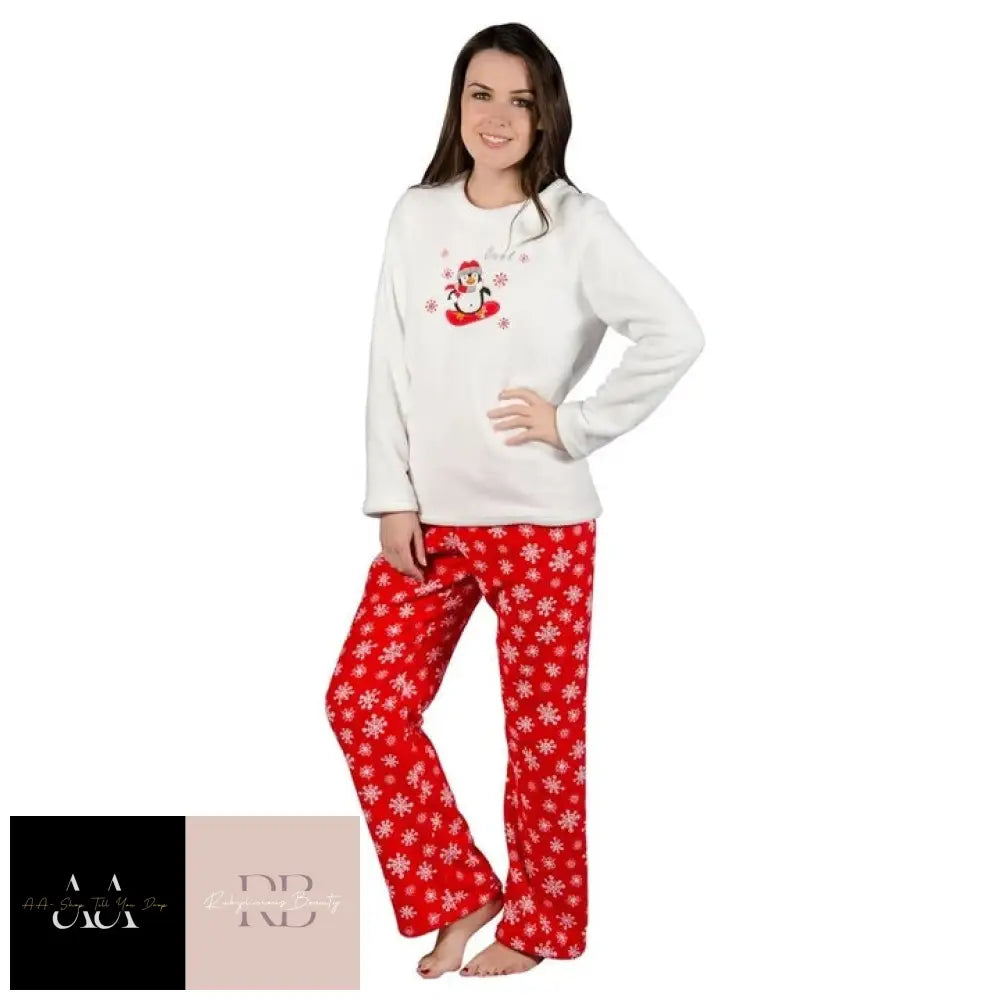 Small - Womens Chilly Penguin Fleece Pyjama Set (Red)