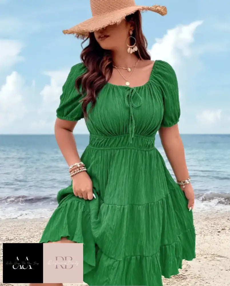 Solid Ruched Tiered Dress Casual Tie Front Short Sleeve - Green Sizes