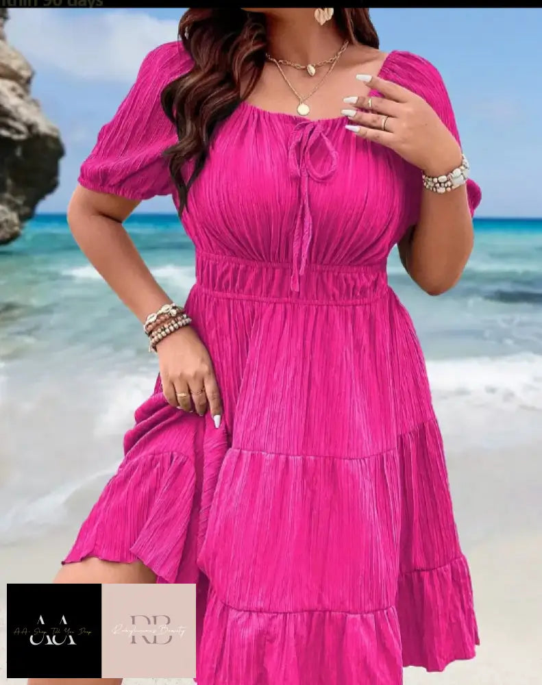 Solid Ruched Tiered Dress Casual Tie Front Short Sleeve - Magenta Sizes