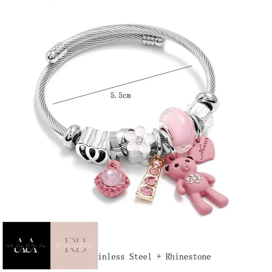 Stainless Steel - Big Pink Bear Pendant Hearts Love Women’s Bracelet