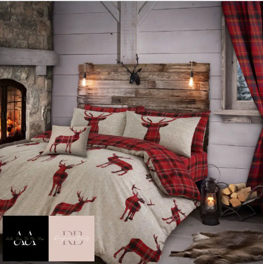 Tartan Check Winter Stag Duvet Cover Bedding Set Highland Reversible