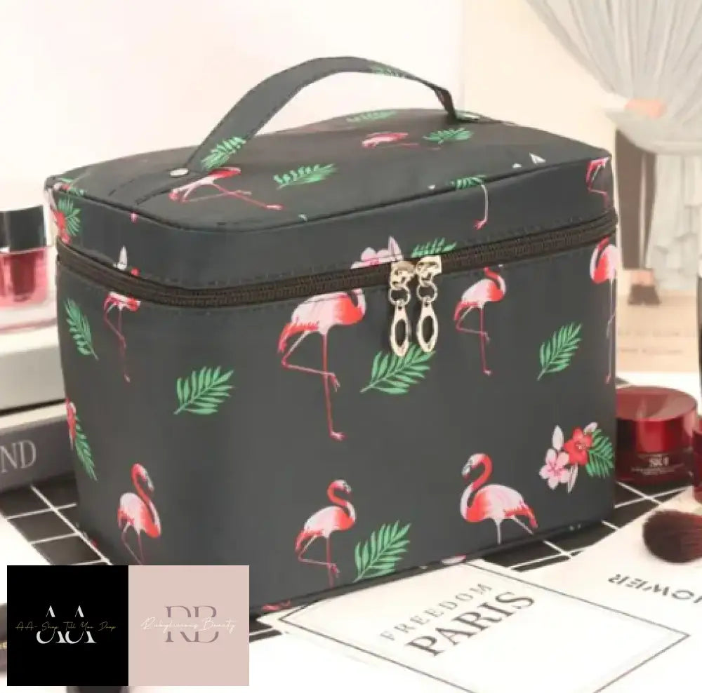 Travel Storage Bag - Black With Pink Flamingos