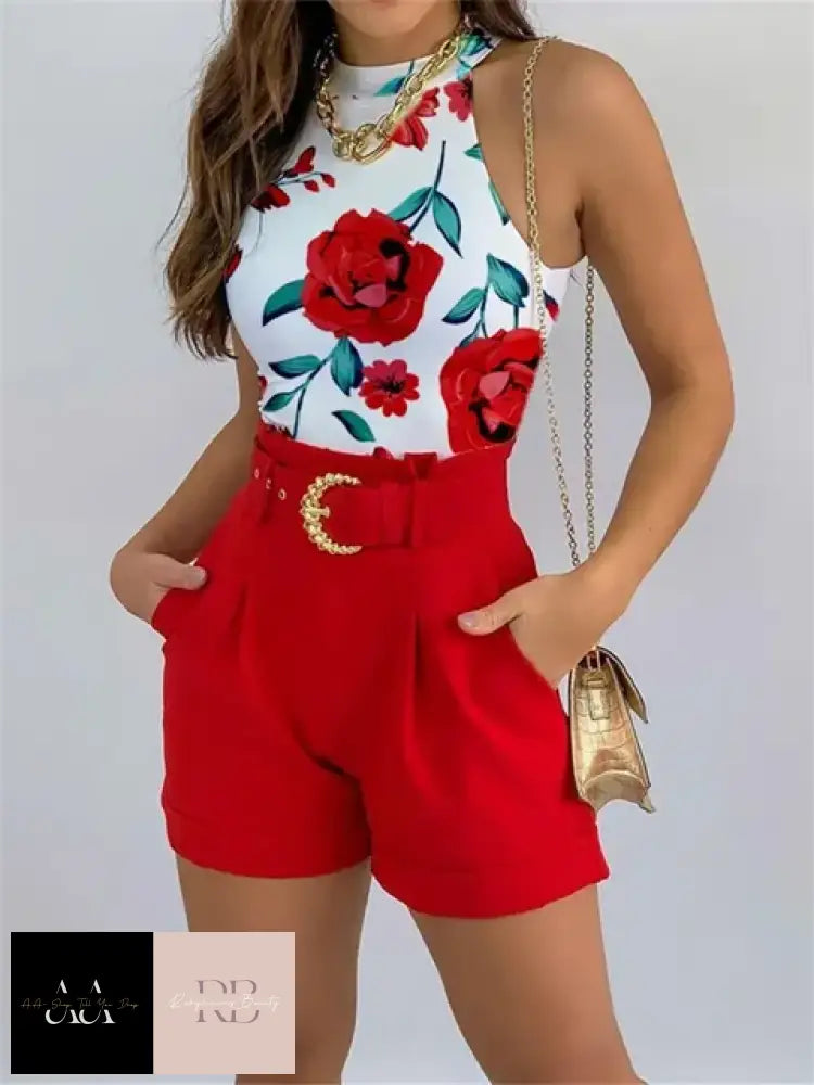 Two Piece Set Sleeveless Floral Vest Shirts + Short - B