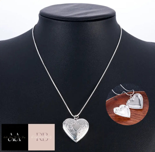 Uk_925 Silver Open Picture Locket Patterned Heart Shaped Photo Pendant Necklace. Heart Locket