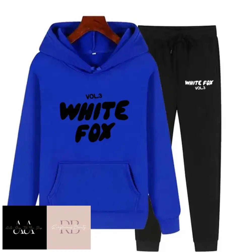 White Fox - 2 Sets Tracksuits Blue Hoodie With Black Text Black Bottom White