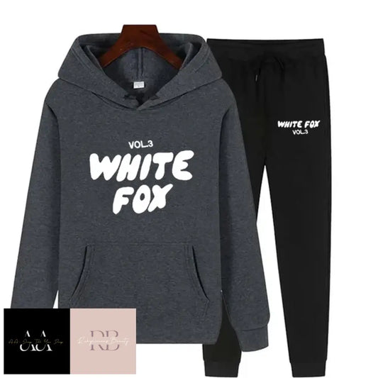 White Fox - 2 Sets Tracksuits Dark Grey Hoodie With Text Black Bottom White