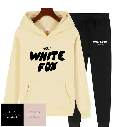 White Fox - 2 Sets Tracksuits Khaki Hoodie With Black Text Black Bottom White