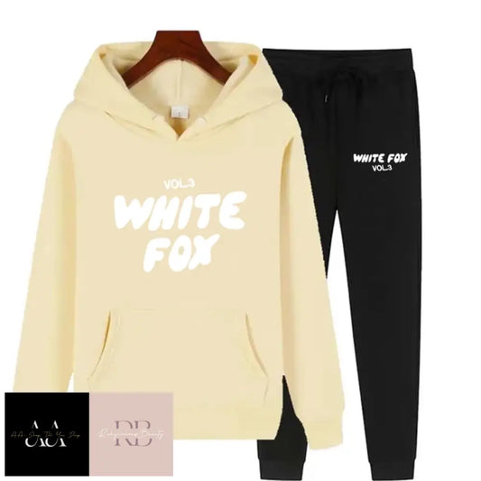 White Fox - 2 Sets Tracksuits Khaki Hoodie With Text Black Bottoms White