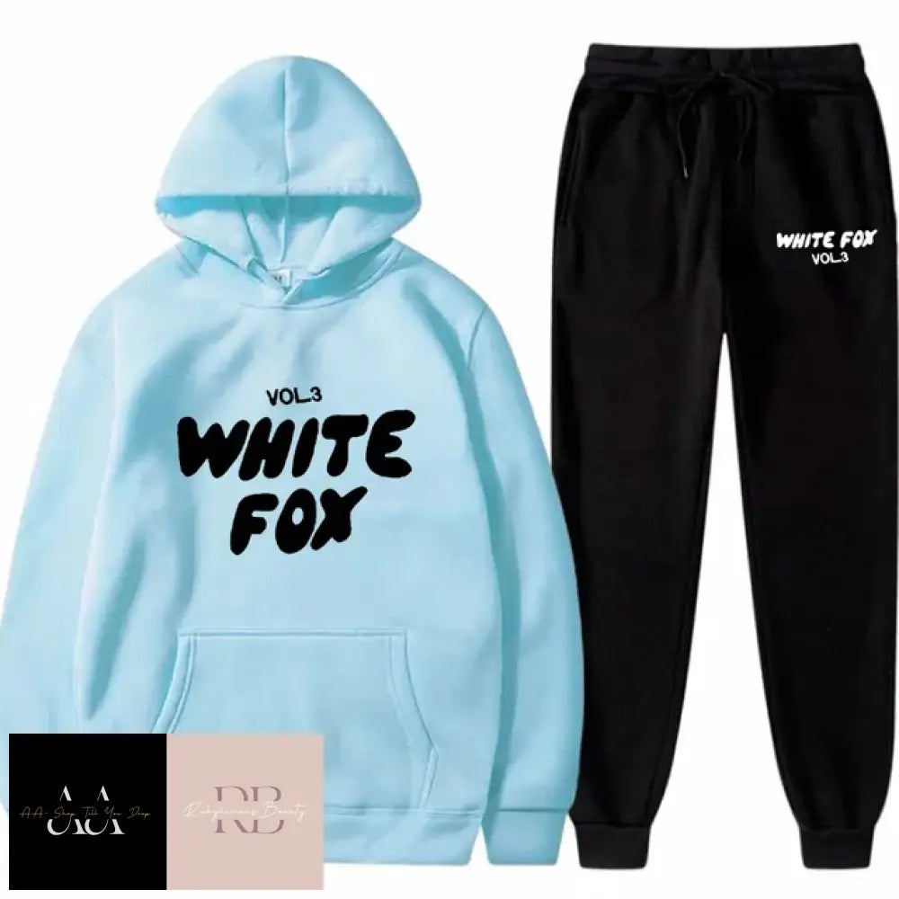 White Fox - 2 Sets Tracksuits Light Blue Hoodie With Black Text Black Bottoms White