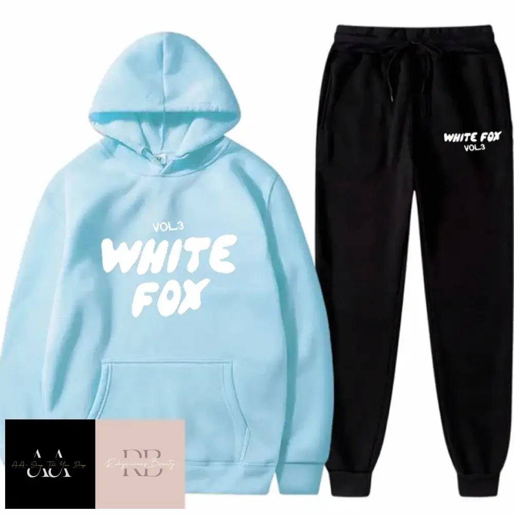 White Fox - 2 Sets Tracksuits Light Blue Hoodie With Text Black Bottoms White