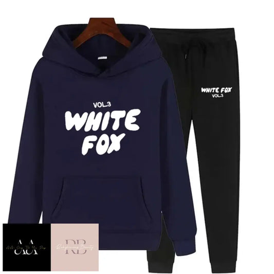 White Fox - 2 Sets Tracksuits Navy Blue Hoodie With Text Black Bottom White