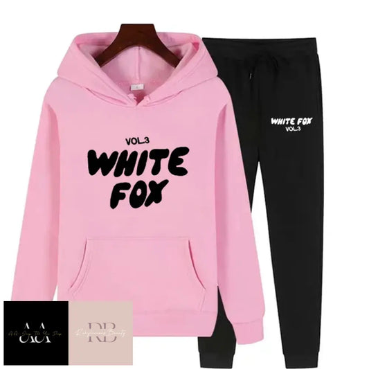 White Fox - 2 Sets Tracksuits Pink Hoodie With Black Text Black Bottoms White