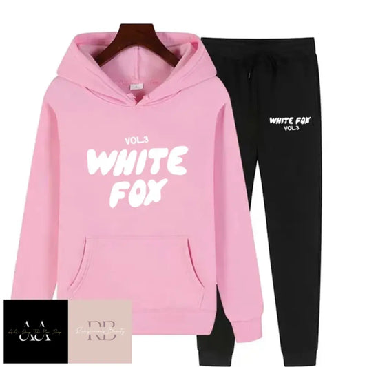 White Fox - 2 Sets Tracksuits Pink Hoodie With Text Black Bottoms White