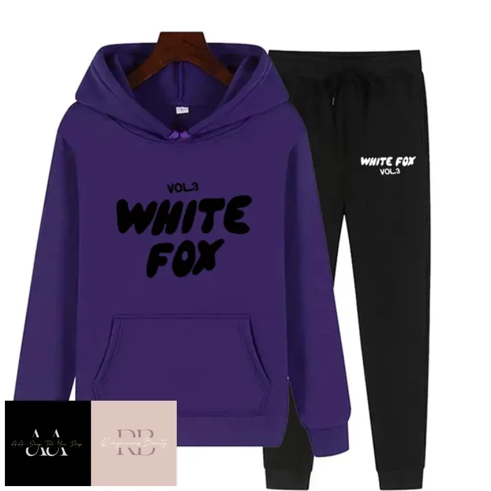 White Fox - 2 Sets Tracksuits Purple Jumper With Black Text And Black Bottoms White