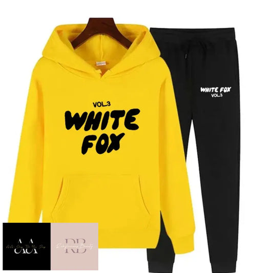 White Fox - 2 Sets Tracksuits Yellow Hoodie With Black Text Bottoms White