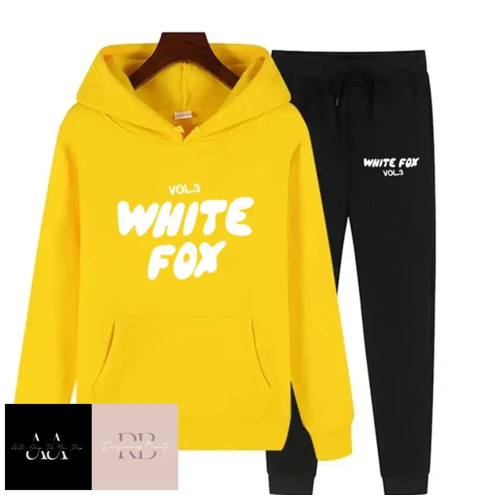 White Fox - 2 Sets Tracksuits Yellow Hoodie With Text Black Bottoms White