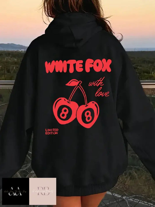 White Fox 88 Cherries Print Hoodie - Black With Red Text