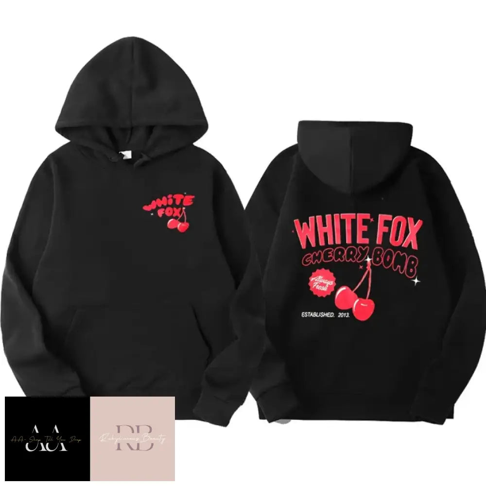 White Fox Cherry Bomb Print Hoodie - Black With Red Text