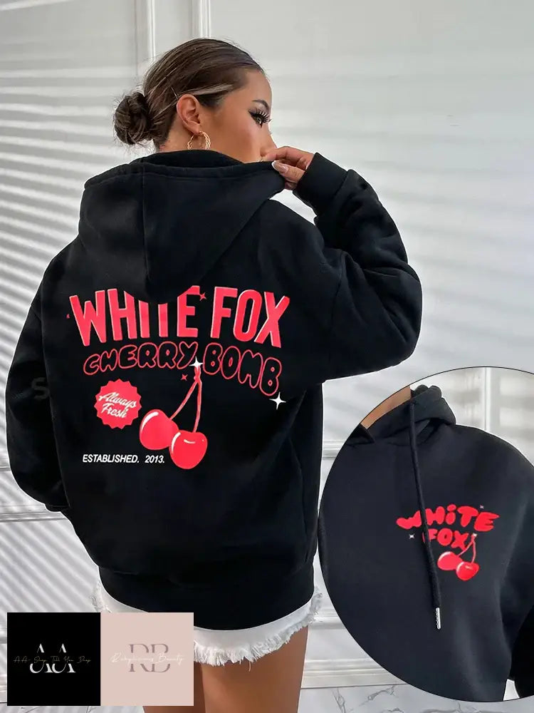 White Fox Cherry Bomb Print Hoodie - Black With Red Text