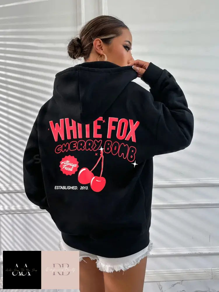 White Fox Cherry Bomb Print Hoodie - Black With Red Text