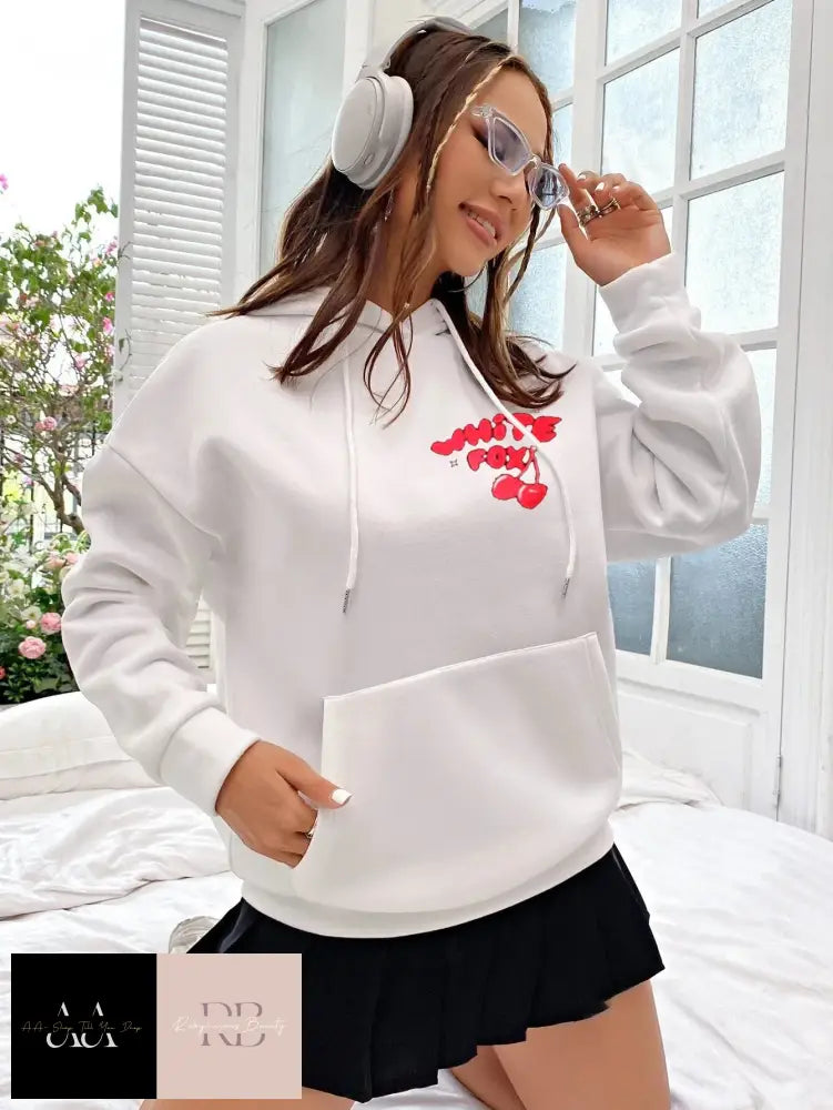 White Fox Cherry Bomb Print Hoodie - With Red Text