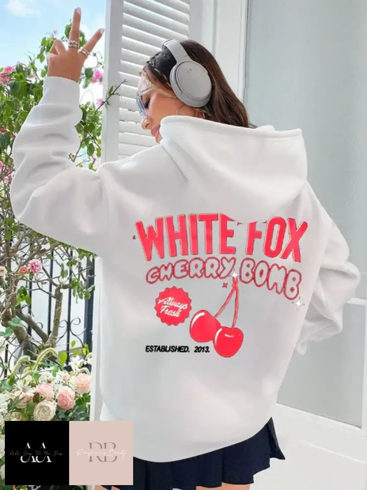 White Fox Cherry Bomb Print Hoodie - With Red Text