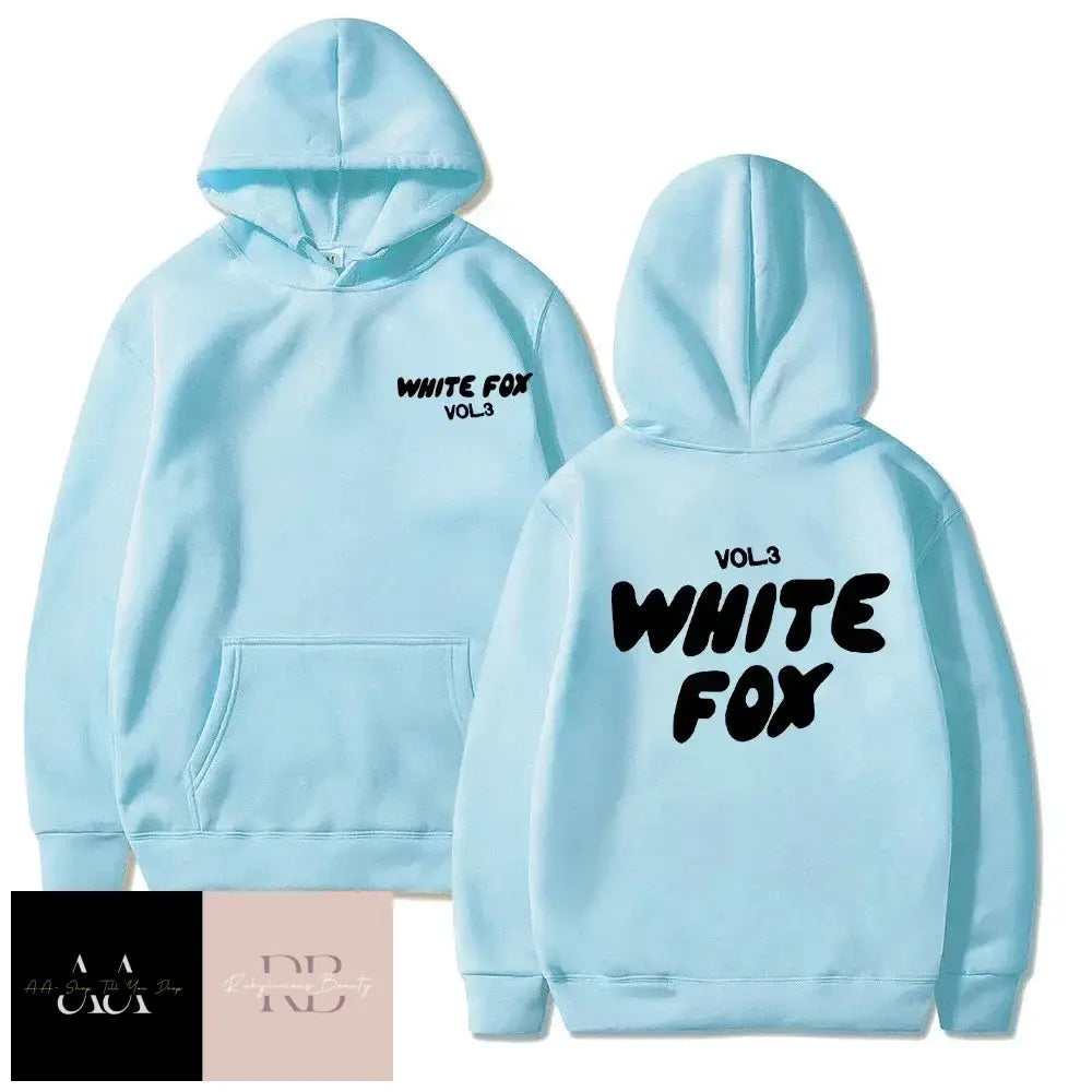 White Fox Children Hoodie - Black Text Light Blue