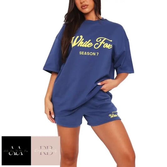 White Fox - Letter Printed Women Short Sleeved T Shirt Two-Piece Set Blue With Yellow Text