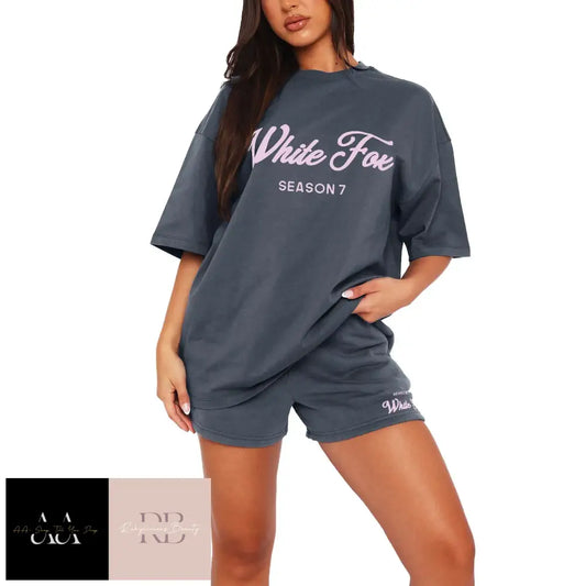 White Fox - Letter Printed Women Short Sleeved T Shirt Two-Piece Set Dark Grey With Purple Text